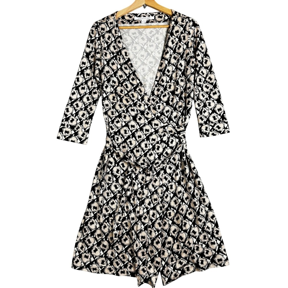 Diane von Furstenberg‎ New Julian Two Silk Wrap Dress Black Beige Geometric 4